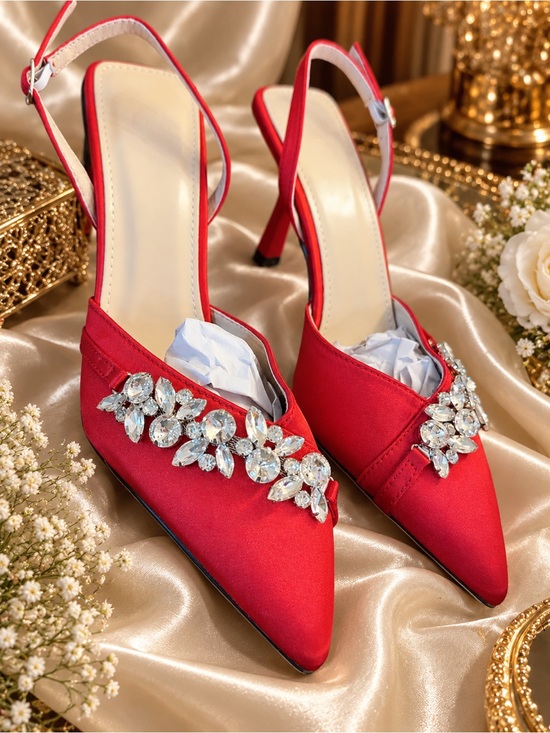 Lical Shoes - Red Satin Slingback Heels with Crystal Accent by